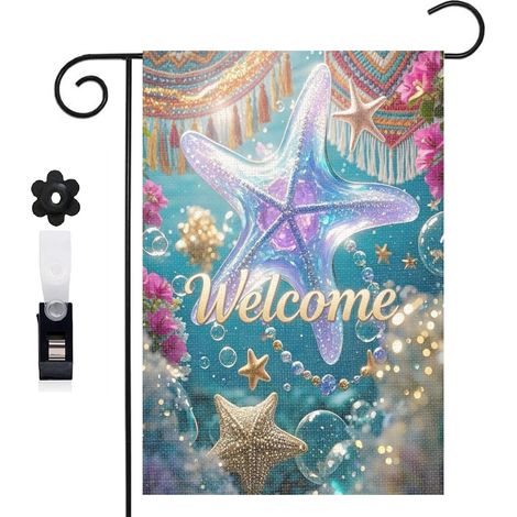 Drapeau de jardin bienvenue 30 x 45 cm motif étoile de mer et décor marin magique toile double face résistante (1/5)