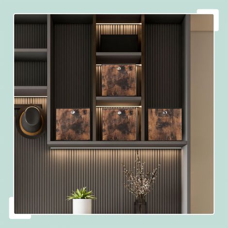 Caja de almacenaje de tela con aspecto de madera, pack de 6