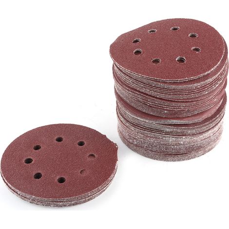 Lot de 100 disques abrasifs ronds 8 trous 5 pouces, feuilles ponçage 60/80/100/120/240 grains pour ponceuse. (1/5)