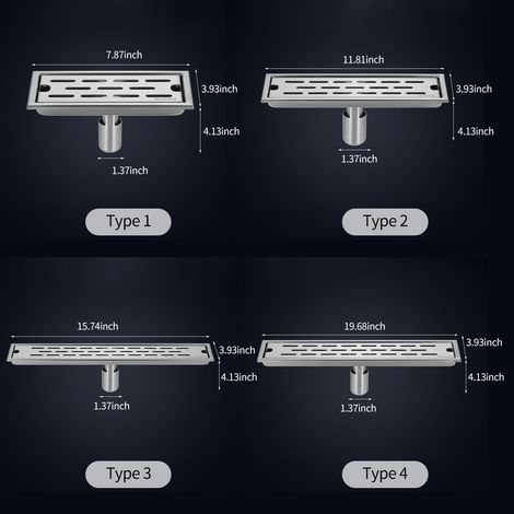 Caniveau de douche rectangulaire linéaire de 30 cm avec crépines amovibles, anti-odeurs, anti-obstruction, récupérateur de cheveux, crépine brossée, protections de caniveau en acier inoxydable, siphon
