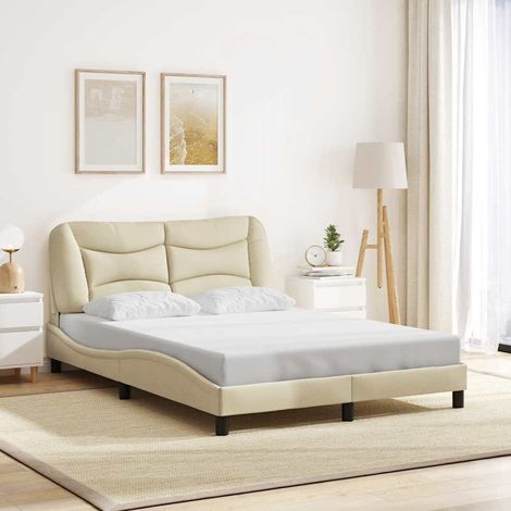 Cadre de lit avec tête de lit 140 x 190 cm, tissu crème, sommier à lattes, sans matelas - PANGIVO (1/5)