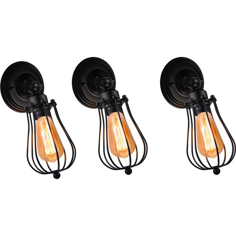 Vintage Wall Lighting Fitting, Retro Industrial Wall Lamp with Adjustable Arm, Wire Metal Cage Wall Sconces Fixture (3X Black)