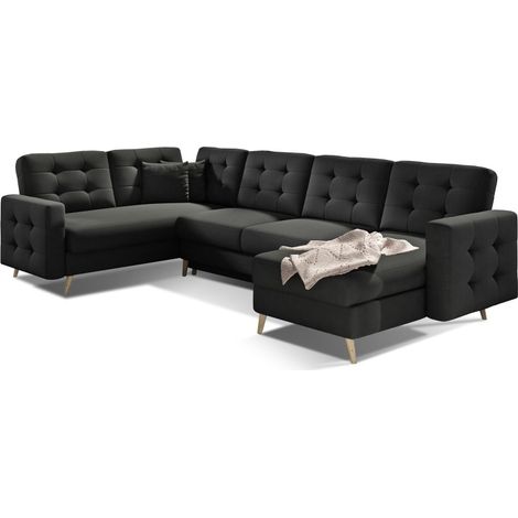 Canapé d'angle panoramique convertible HASGARD U 326 cm noir avec coffre
