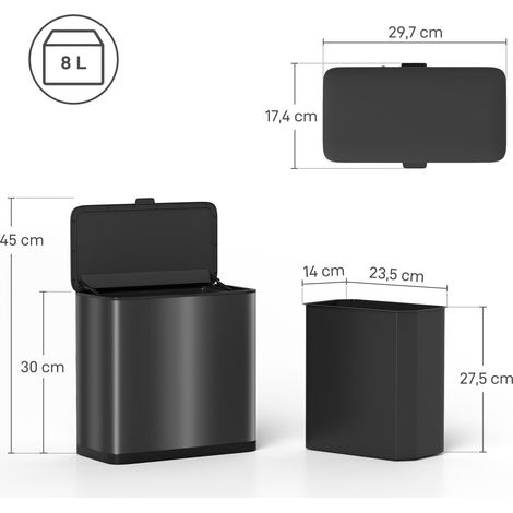 Poubelle 8 L en acier inoxydable noir, sur pied ou murale, idéale pour cuisine ou salle de bains avec un design compact et une touche sobre. (1/5)