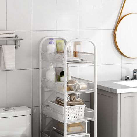 Chariot de rangement à roulettes, étagères de rangement à plusieurs niveaux, paniers à légumes et collations multifonctionnels et mobiles, étagères de cuisine blanches à quatre niveaux (1/5)