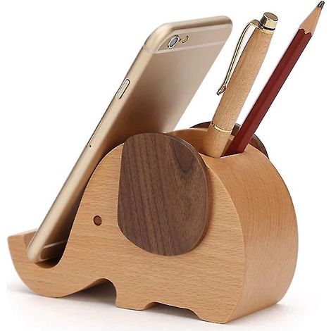 Support de téléphone en bois avec stylo éléphant, porte-téléphone animal, décoration de bureau, stylo éléphant en bois (1/5)