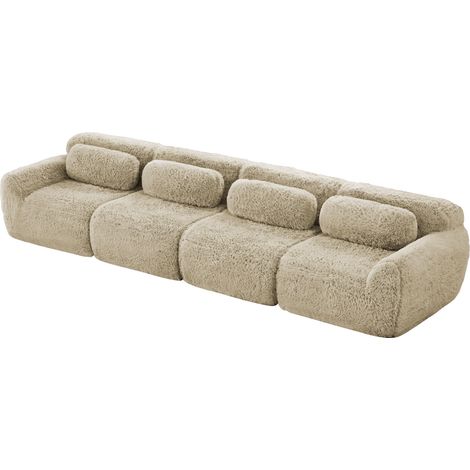 Sofá modular de 4 plazas en tejido efecto terciopelo, beige claro, con cojines, base antideslizante (1/5)