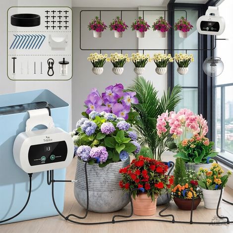 Kit de système d'irrigation, Automaticavec 300 programmes d'irrigation temporisée et 10 pointes de goutte à goutte USB internes, Système d'irrigation à goutte à goutte adapté à l'alimentation électriq (1/5)