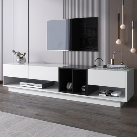 Mobile TV 190 cm, con 3 cassetti, mensole aperte, design a blocchi di colore, stile moderno - Bianco