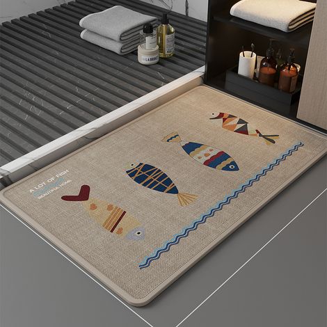 Tapis de salon en lin, tapis de salle de bain, 45 x 70 cm, antidérapant, absorbant, séchage rapide (beige foncé) (1/5)