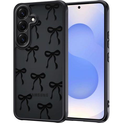 Coque pour Samsung Galaxy S25 5G, Aesthetic Papillon Nœud Motif Étui Translucide Mat Silicone TPU + PC Arrière Antichoc Housse Protection de la Caméra Bumper Case pour Filles Femme, Noir (1/5)