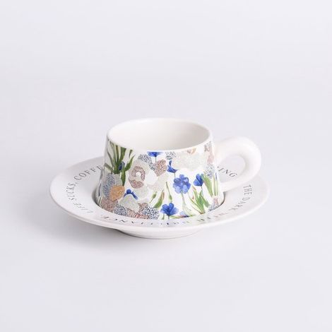 Taza de café de cerámica blanca con estampado floral, 270 ml, con soporte. Ideal para la merienda. Apta para lavavajillas (1/5)