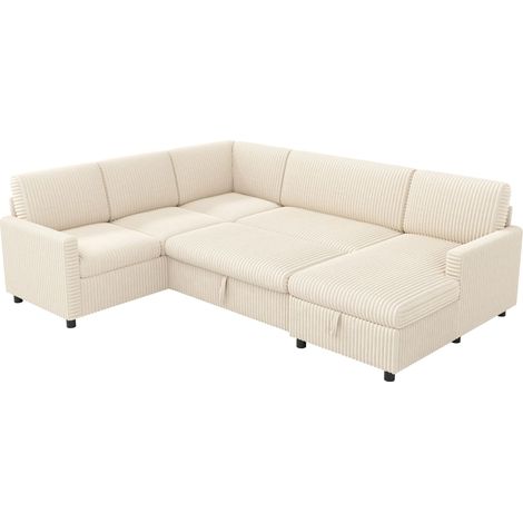 Canapé angle convertible U 220x274x85 cm beige velours côtelé mécanisme coulissant couchage rangement méridienne (1/5)