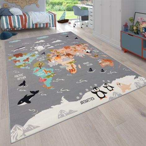 Paco Home Teppich Kinderzimmer Kinderteppich Tier Welt Motiv Rutschfest Grau Blau Braun 200 cm Rund