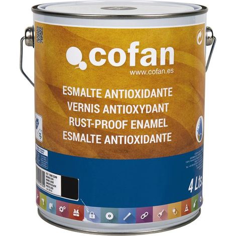 COFAN esmalte antioxidante liso al agua negro 4 l , Esmalte Antioxidante al agua en color blanco o negro, de acabado liso brillante, con una magnífica adherencia y cubrición.Indica