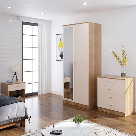 ELEGANT 3 Piece Bedroom Furniture Sets, 2 Door Soft Hinge Mirrored Wardrobe with Mirror, 4 Drawer Chest of Drawers, Beside Cabinet, Cream/Oak Bedroom Furniture (1/5)