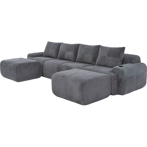 CAIziCanapé modulable en velours côtelé pour 4 personnes (avec 2 poufs), combinable librement, avec porte-gobelet et poche de rangement latérale, idéal pour le salon, la salle familiale et d'autres pi