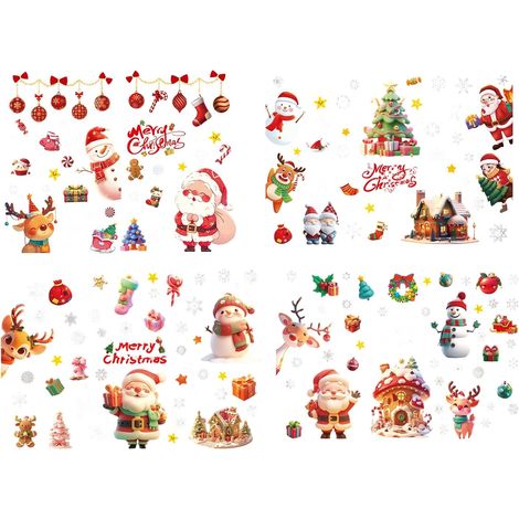 Autocollants de Noël pour Fenêtres  4 Feuilles avec Motifs Cerf, Bonhomme de Neige et Père Noël - Décalcomanie Mural Porte De  pour Décor Fêtes Hiver Maison Intérieur (1/5)
