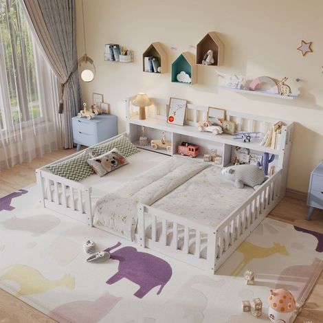 Cama infantil 140x200 cm con somier, Cama baja, Cama doble 140x200 cm con 4 estanterías, Barrera de seguridad, Madera maciza, Blanco (1/5)