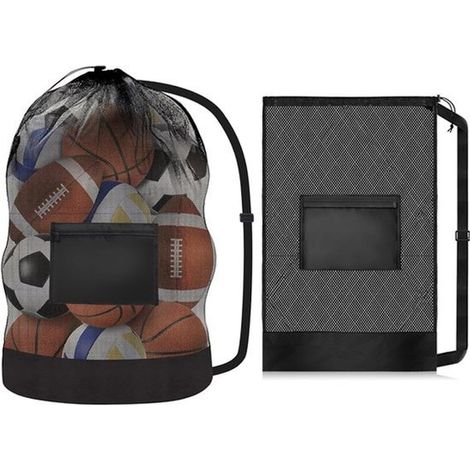 Lot de 2 - Sac à ballons - Sac en maille - 101 × 76 cm - Pour 10-12 ballons - Sac à ballons avec cordon de serrage et bandoulière - Polyester - Sac de rangement pour ballons - Sac multi-sports - Pour (1/5)