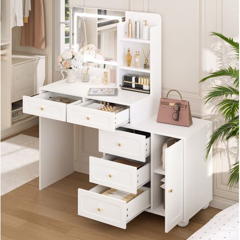 Coiffeuse blanche LED avec miroir, 5 tiroirs, 1 porte, 80x39,8x127 cm, bambou blanc (1/5)