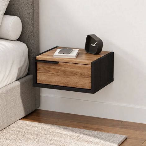 Comodino sospeso Eco con cassetto 40 cm nero e rovere oud con maniglia reversibile (1/5)
