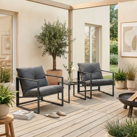 Set Salottino da Giardino Karg di 3 Mobili Tavolino con Piano in Vetro e 2 Poltrone - Grigio Scuro casa.pro (1/5)