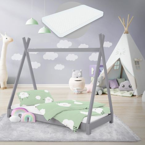 ML-Design Cama Infantil Tipi Gris Claro 70x140 cm con Colchón de Espuma Fría y Somier de Listones, Cuna de Suelo Juvenil de Madera Maciza de Pino, Lecho para Niño y Bebé, Casa Tienda de Campaña Juego (1/5)