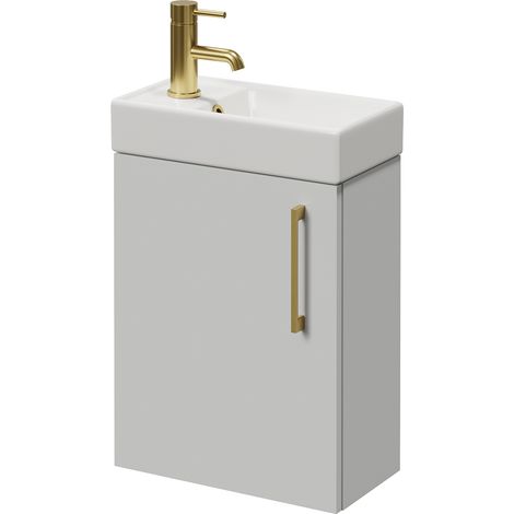 Napoli Cube Gloss Grey Pearl 400mm Wall Mounted Single Door Vanity Unit with Align Basin - 400mm - Brushed Brass 160mm Handle