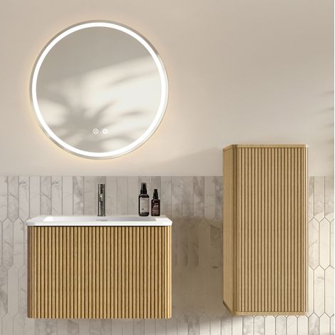 Badezimmer-Waschtischunterschrank 60 cm MDF und Glas Eiche, LED-Spiegel, platzsparend – MEUBLIV (1/5)