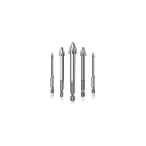Outil de perçage universel efficace, jeu de 5 forets hexagonaux cruciformes pour carrelage, béton, verre, plastique et carrelage (argenté) (1/4)