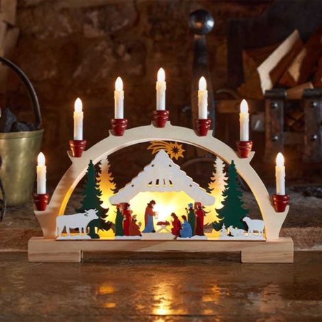 33cm Battery Operated Wooden Christmas Candle Bridge with Nativity Scene and LEDs (1/3)