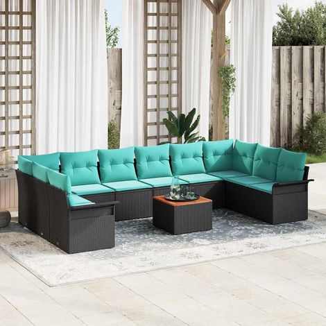 vidaXL Ensemble de canapé de jardin 11 pcs Noir et turquoise polyrotin (1/5)