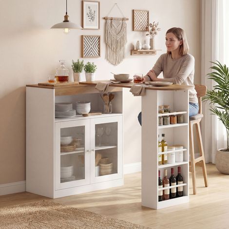 Blanches Naturelles 150x80x105,5 cm - Table de bar extensible et rotative à 90° doté de étagères ouvertes et 2 portes vitrées, et