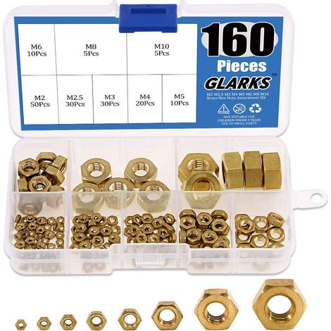 Assortiment de 160 écrous hexagonaux en laiton haute résistance M2 M2,5 M3 M4 M5 M6 M8 M10 (1/5)