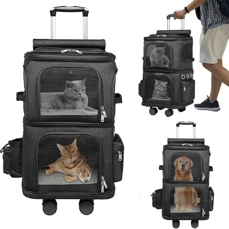 Sac à Dos Chat Chien, Sac à Dos de Transport à Double Compartiment avec Roues Amovibles Sacs Transport Chat Chien Respirant pour 2 Petits Chats et Chiens Chiot (1/5)