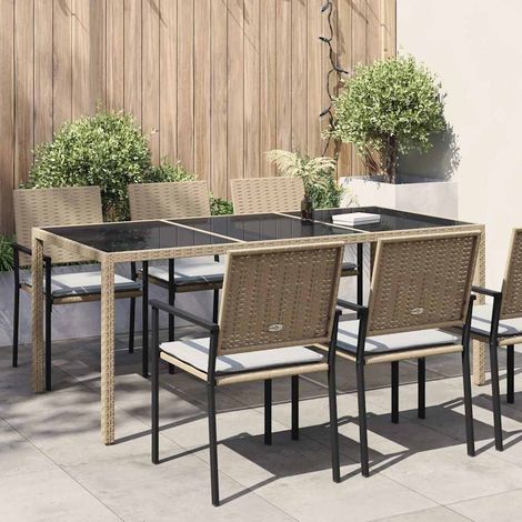 Table d'extérieur Table de salon de jardin - Beige 190x90x75 cm Verre trempé/résine tressée BV985154 - BonneVie (1/4)