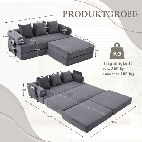 Canapé gris foncé modulable avec pouf, structure métallique robuste, poche de rangement latérale et 3 coussins moelleux – rembourrage surépais pour un confort optimal, flexible et polyvalent. (1/4)