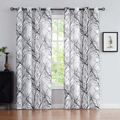 Rideaux Panneaux à Oillets - Noir et Blanc Transparents - Motif Branche d'Arbre - 240cm de Long-noir (1/5)