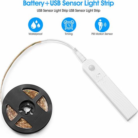 2M Ruban Led avec Détecteur de Mouvement, 120LED Dimmable Bande Led à Piles, Lumiere Led, Bandeau LED Autocollant, Bande Lumineuse pour Cuisine Placard Murale Armoire Escaliers (Blanc froid)