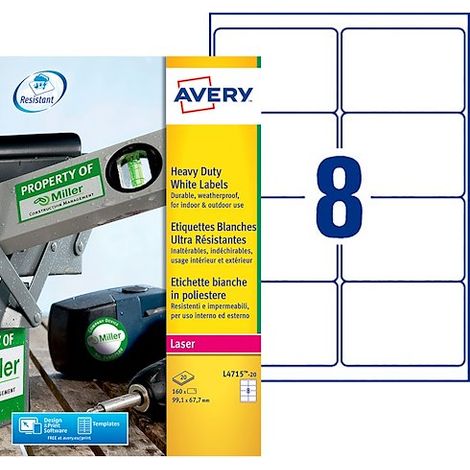 Etiquette ultra résistante laser 99,1 x 67,7 mm Avery L4715-20 blanche - Pochette de 160 (1/5)