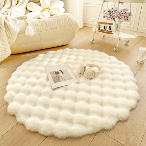Tapis en peluche douce, 90 cm, tapis rond, tapis à poils longs, tapis de protection antidérapant, blanc. (1/5)