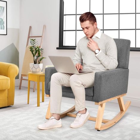 COSTWAY Relax Rocking Chair, Fabric Upholstered Single Sofa Armchair with Solid Wood Legs, Modern Padded Leisure Rocker Chairs for Home Living Room Bedroom (Grey) (1/5)