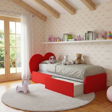 Letto singolo a cuore 80x190 con cassetti - Rosso