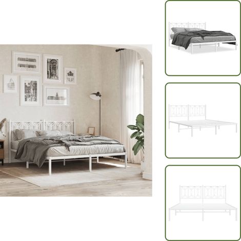 Bettgestell mit Kopfteil Metall Weiß 150x200 cm - Metallbettfundament - Doppelbett - Weißes Bettgestell - Stahlrahmen - Boxspringbett (1/5)