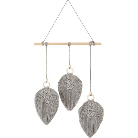 Braided Tapestry Macrame Wall Hanging Leaf Feathers Handmade Woven Tapestry Bohemian Decor Leaf Handmade Cotton Ornaments for Home Decor Gifts (Gray) (1/5)