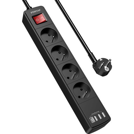 Prise Multiple 8-en-1, Bloc de Prises Électrique 4 Prises + 4 USB, 3680W/230V, Interrupteur, pour Maison/Bureau - Noir (1/5)