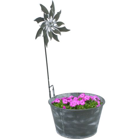 Metall Pflanzkübel verzinkt mit Deko Windmühle - 55 x 25 cm - Garten Pflanzschale shabby grau mit Windrad