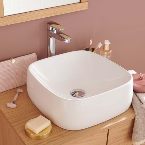 Lavabo sobre encimera cuadrado de cerámica blanca INU de 39 cm (1/5)