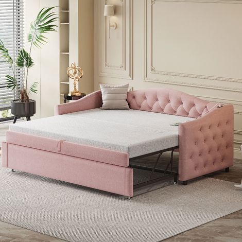 Ausziehbares Schlafsofa 90x200 cm mit USB-Anschluss und Lattenrost, Multifunktionales Polsterbett Gästebett aus Leinenstoff, Rosa (1/5)